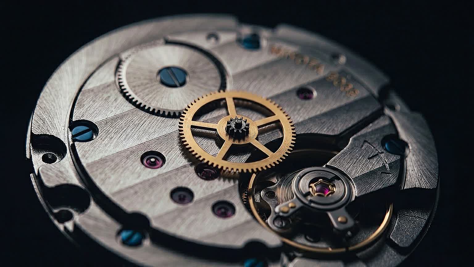 Film frame: the movement in close-up, gears and jewels visible.